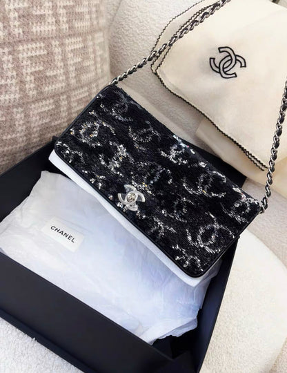 Chanel 23B Black Sequin Double Cc Flap Bag