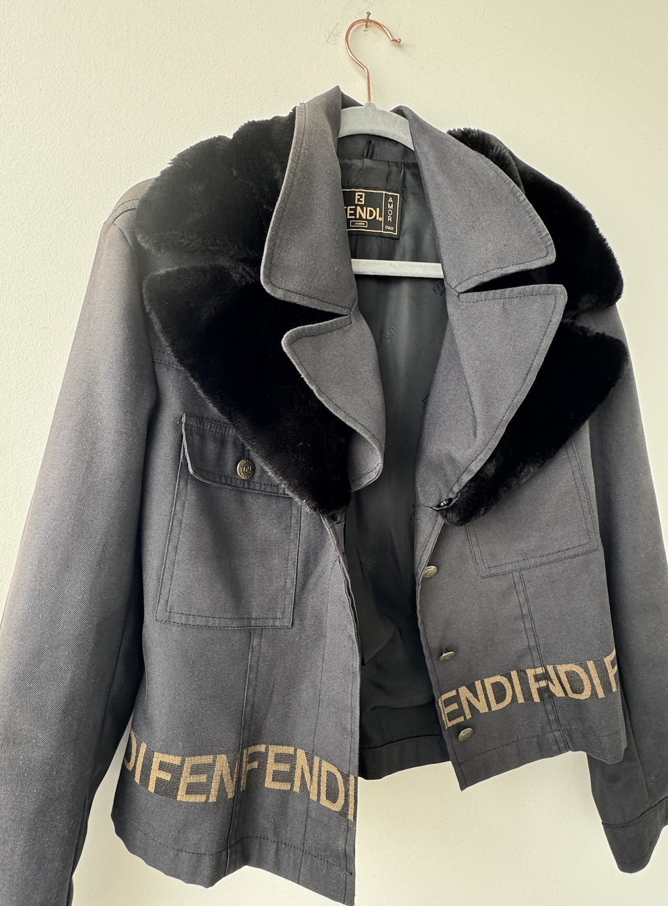 FENDI JEANS Women's Logo Fur Jacket Denim Black