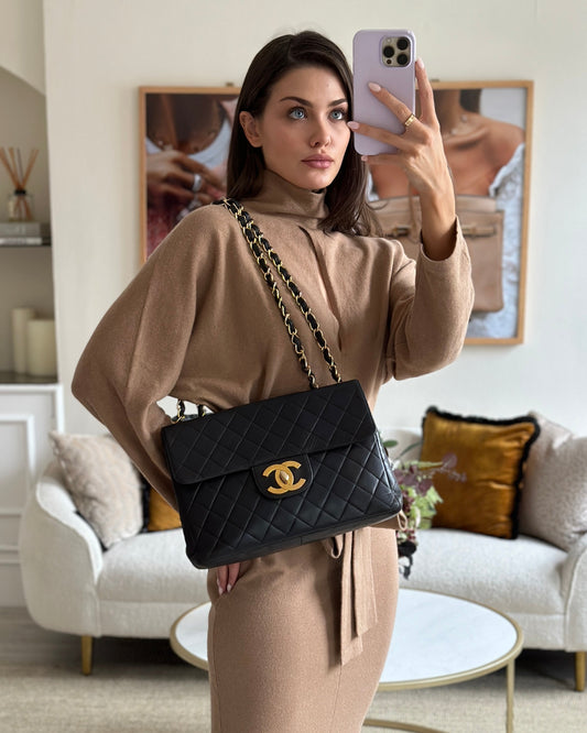 Chanel Black Maxi Mademoiselle Single Flap Bag in Lambskin with 24K Gold Hardware