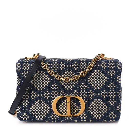 Christian Dior Fabric Macrocannage Woven Medium Caro Bag Blue White