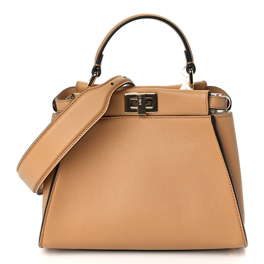 Fendi Vitello Seta Canvas FF Embroidered Mini Peekaboo Iconic Satchel Miele Scuro Poudre