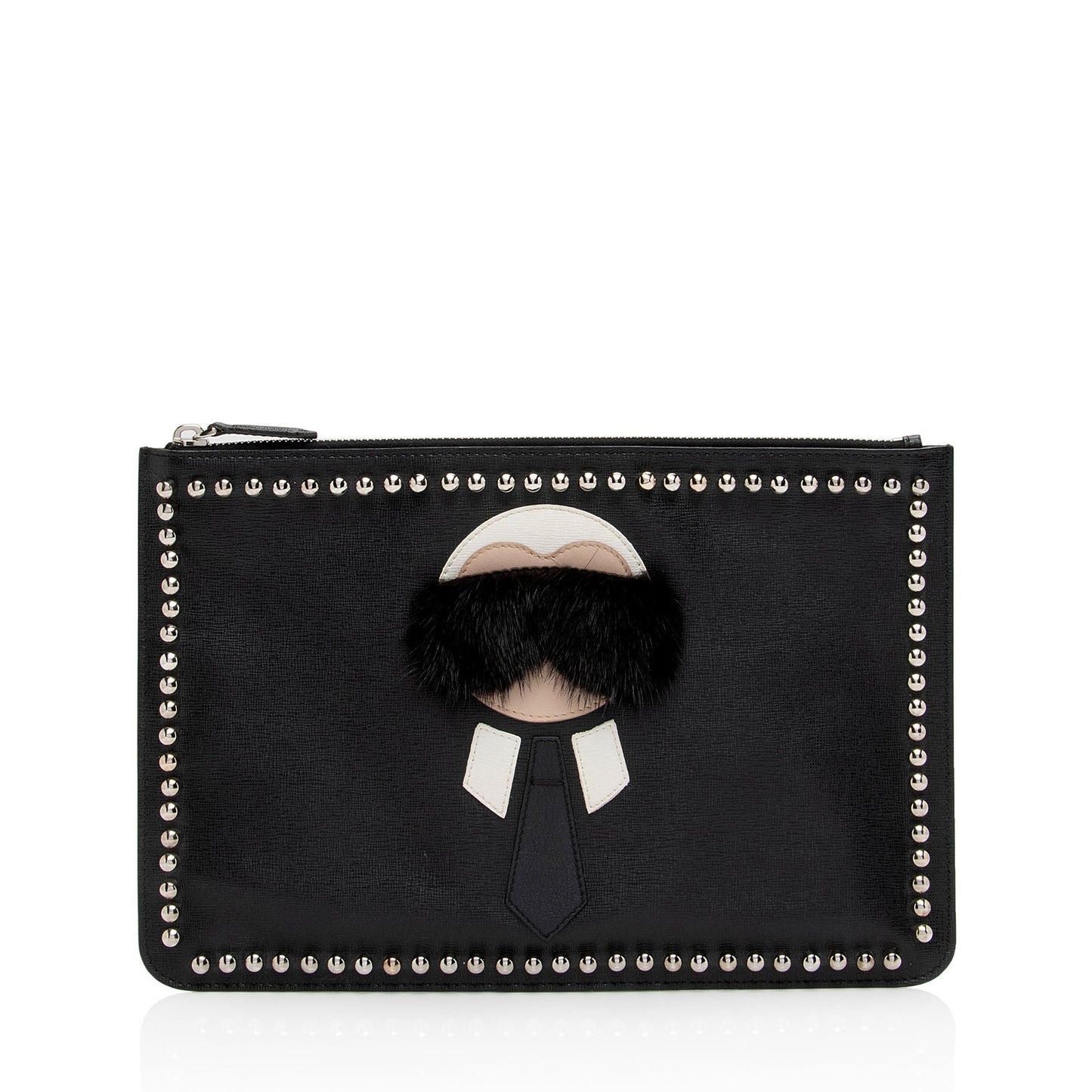 Fendi Studded Leather Mink Karlito Zip Pouch