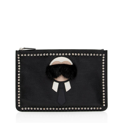 Fendi Studded Leather Mink Karlito Zip Pouch