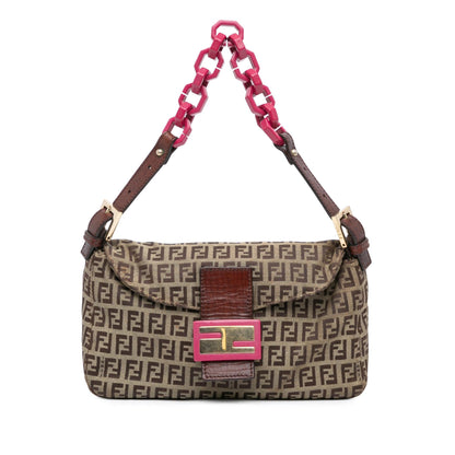 Fendi Zucchino Canvas Double Flap Chain Shoulder Bag