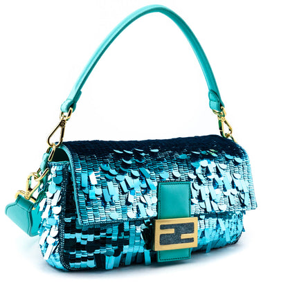 Fendi Blue Sequin Paillettes Vitello Grace Re-Edition Baguette
