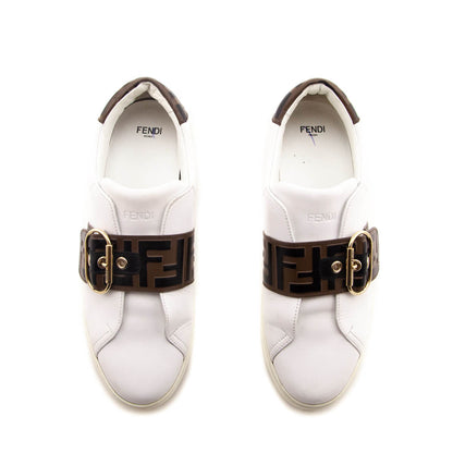 Fendi White Leather Signature Zucca Buckled Low Top Sneakers Size 9.5 | EU 39.5