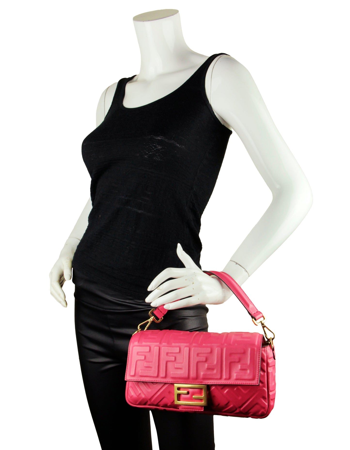 Fendi Pink Nappa Embossed Logo FF 1974 Large Baguette NM Bag w/ Two Straps