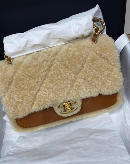 Chanel 24 Flap Bag Shearling Lambskin Gold-Tone Metal