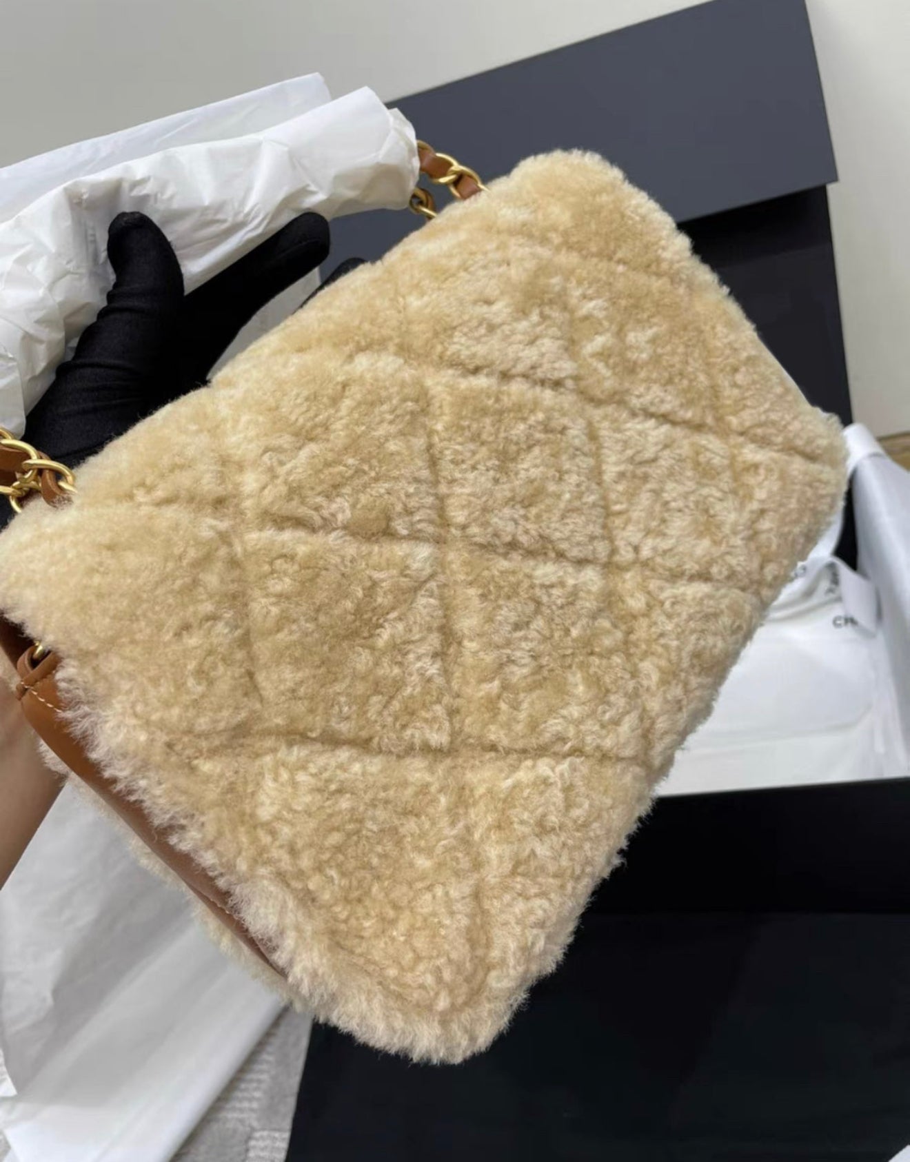 Chanel 24 Flap Bag Shearling Lambskin Gold-Tone Metal