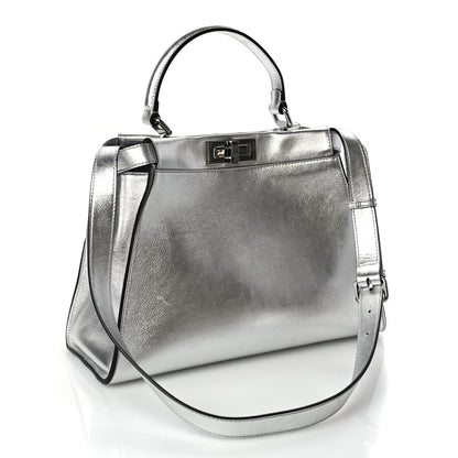 Fendi Vitello Catalan Mirror Medium Peekaboo Iconic Satchel Argento