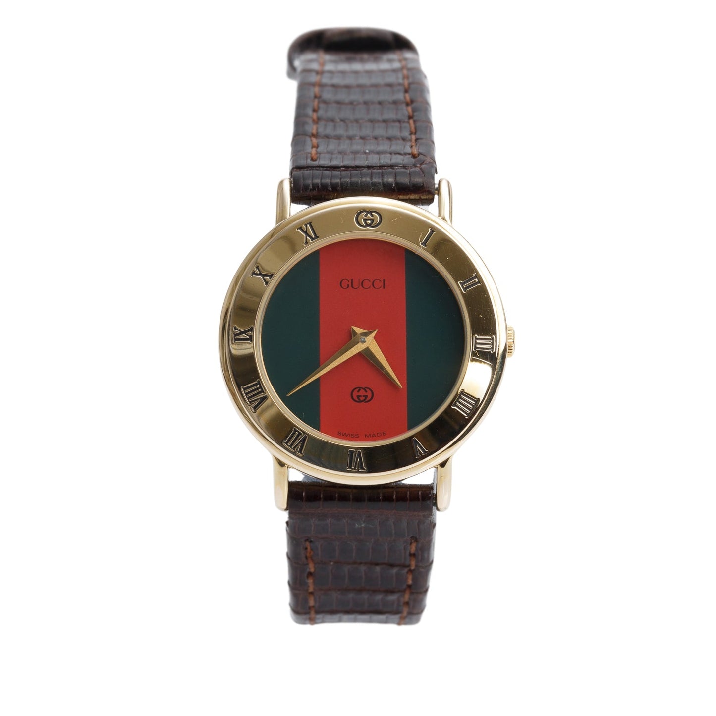 Gucci Gold Plated Stainless Steel 3000L Series 25 MM Quartz Watch Green/Red Web Dial