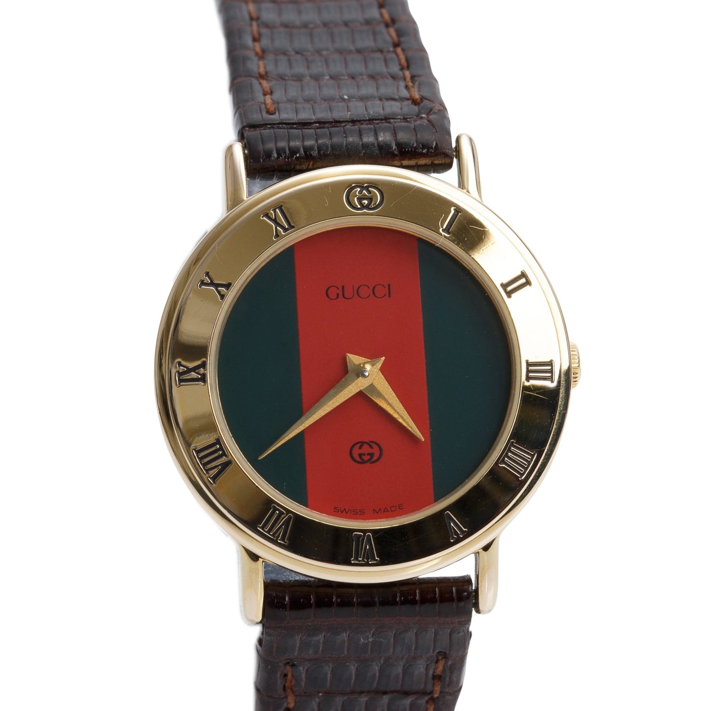 Gucci Gold Plated Stainless Steel 3000L Series 25 MM Quartz Watch Green/Red Web Dial