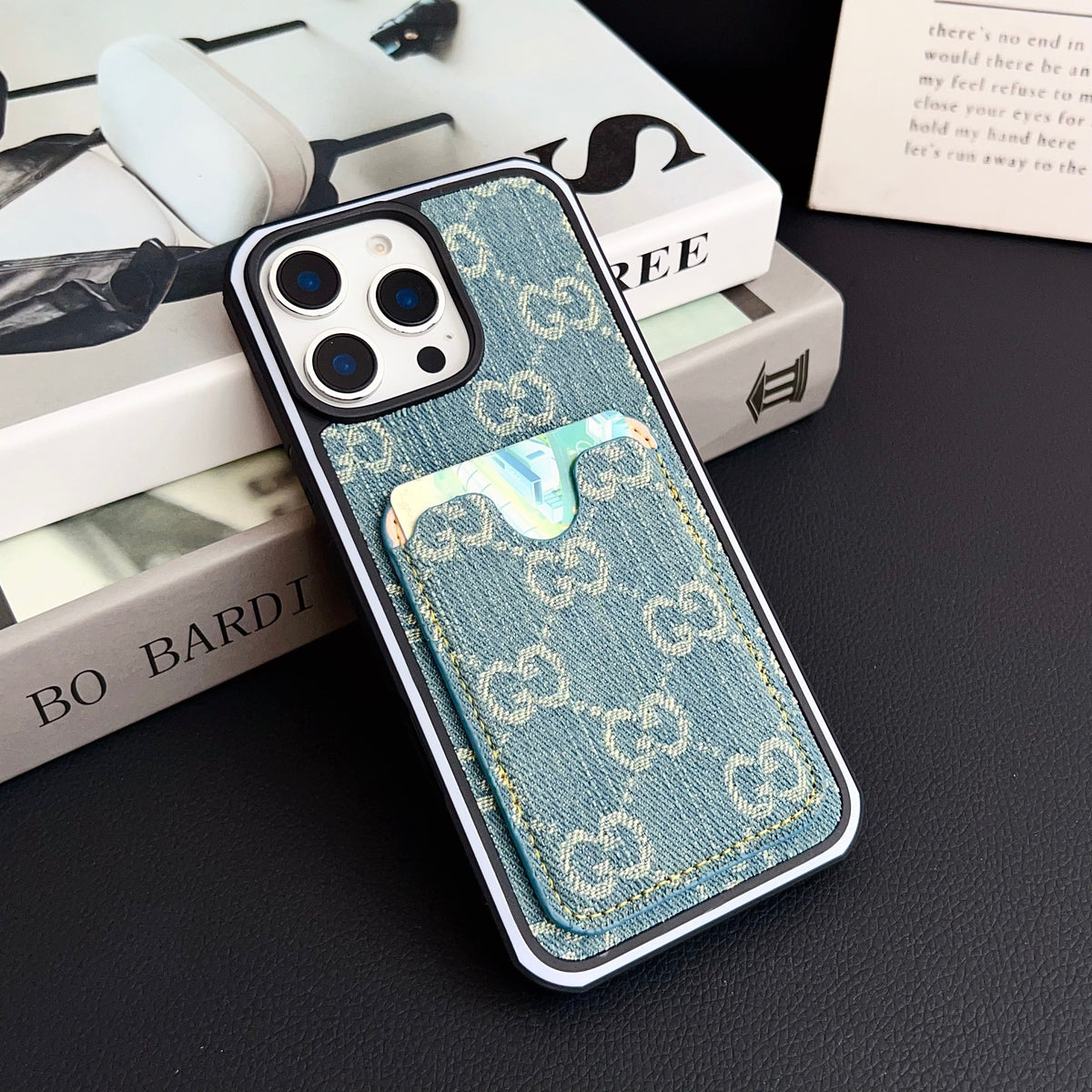 Gg Card Slot Denim Iphone Case For 12-16 Pro Max / 18 Pro / 18 Pro Max