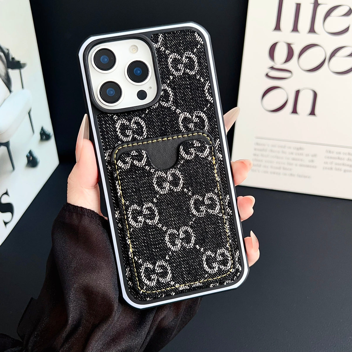 Gg Card Slot Denim Iphone Case For 12-16 Pro Max / 18 Pro / 18 Pro Max