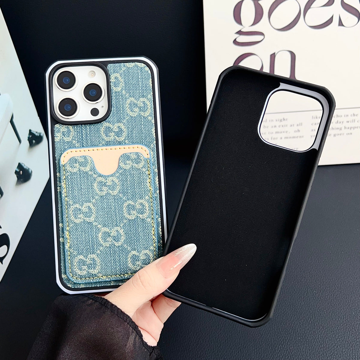 Gg Card Slot Denim Iphone Case For 12-16 Pro Max / 18 Pro / 18 Pro Max