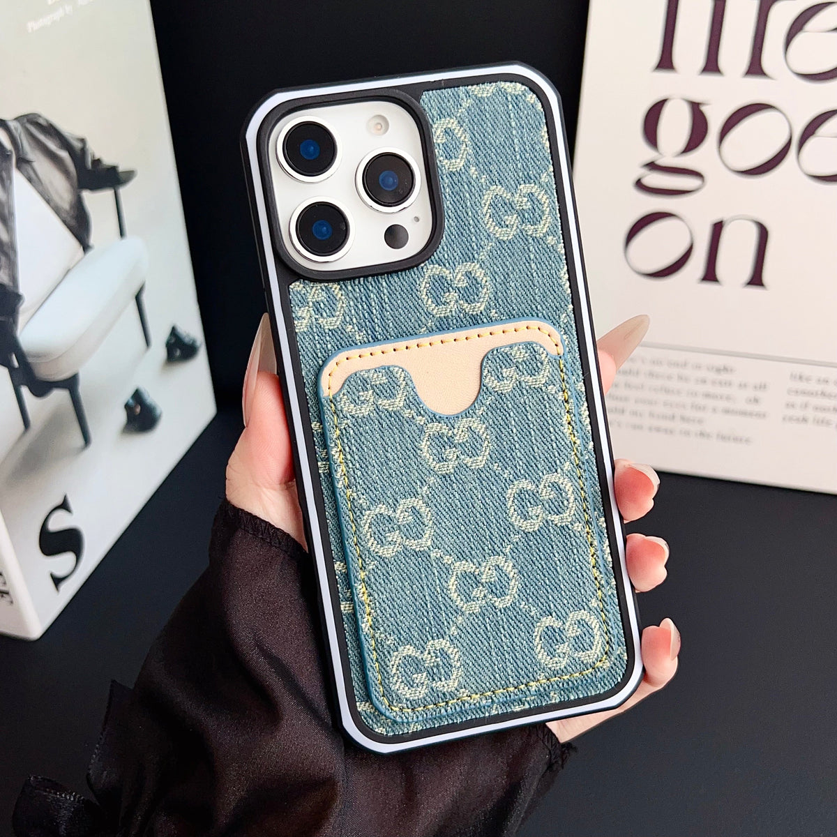 Gg Card Slot Denim Iphone Case For 12-16 Pro Max / 18 Pro / 18 Pro Max