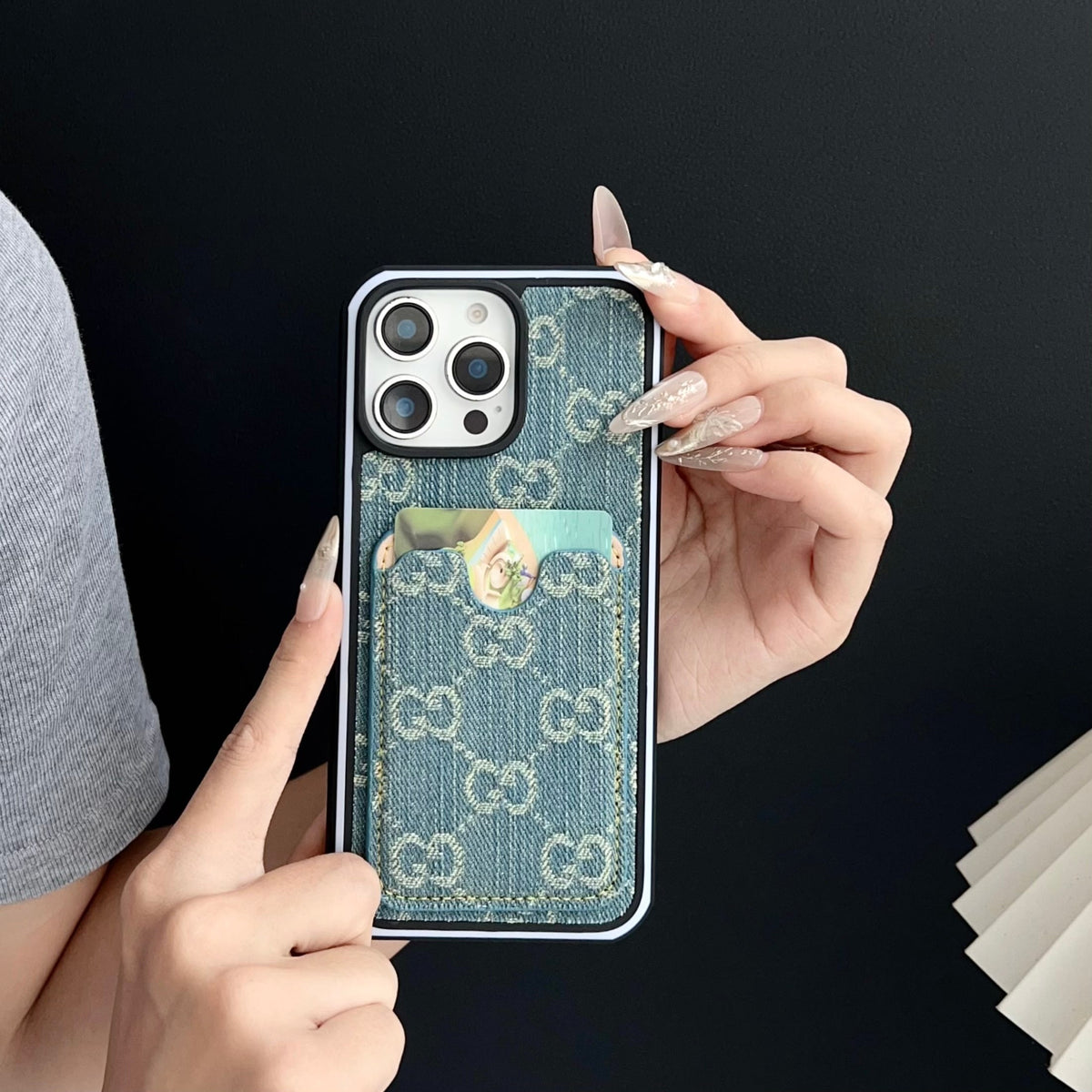 Gg Card Slot Denim Iphone Case For 12-16 Pro Max / 18 Pro / 18 Pro Max