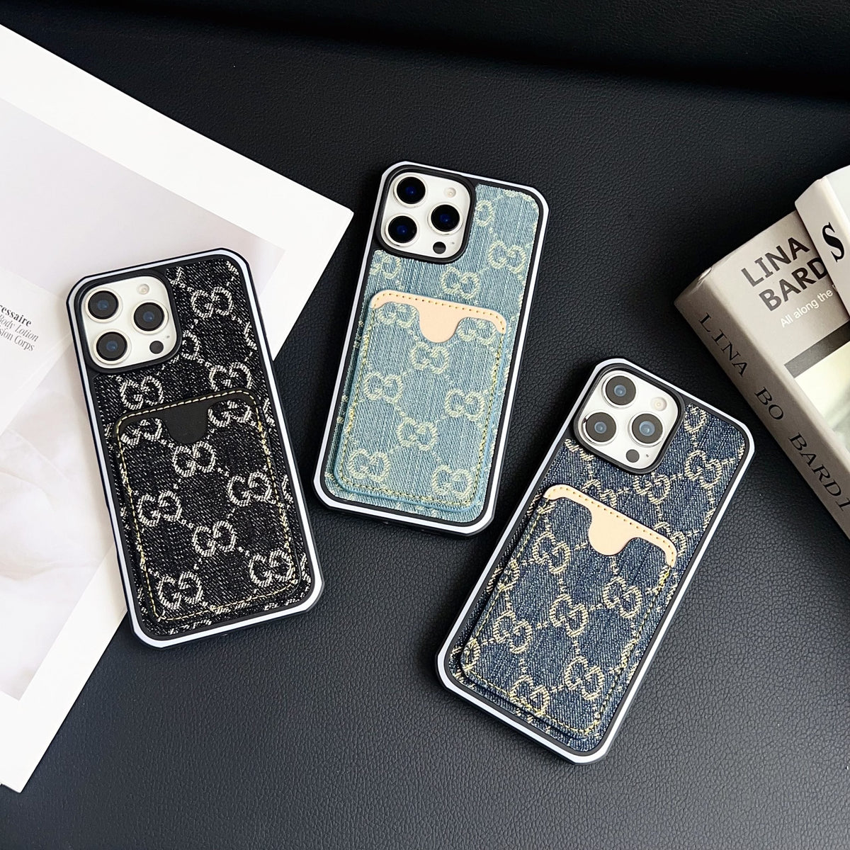 Gg Card Slot Denim Iphone Case For 12-16 Pro Max / 18 Pro / 18 Pro Max