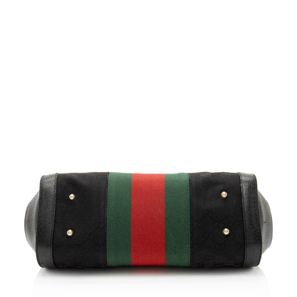 Gucci Leather Studded Web Bamboo Bullet Medium Satchel