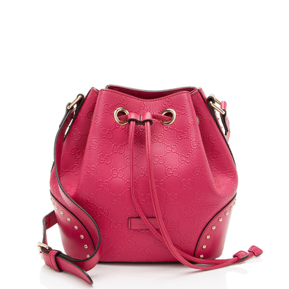 Gucci GG Debossed Diamante Leather Studded Bright Bucket Bag