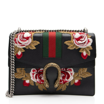 Gucci Leather Embroidered Rose Dionysus Medium Shoulder Bag (SHF-NIvfQT)