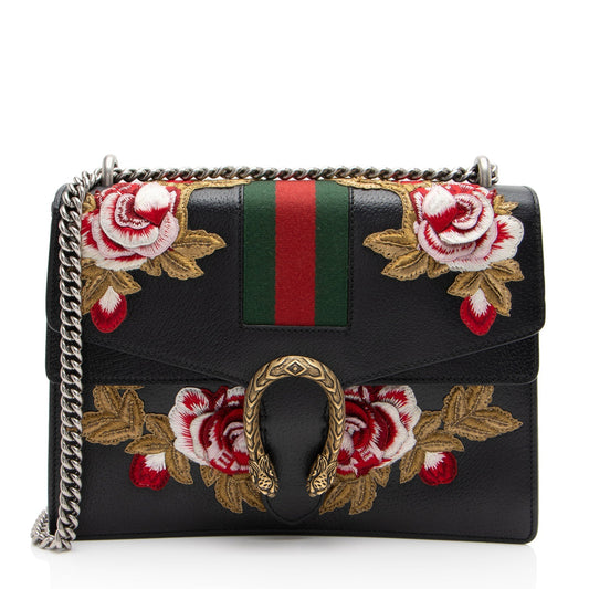 Gucci Leather Embroidered Rose Dionysus Medium Shoulder Bag (SHF-NIvfQT)