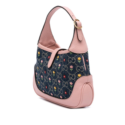 Gucci Limited Edition Mini GG Denim Embroidered Floral Jackie 1961 Crossbody