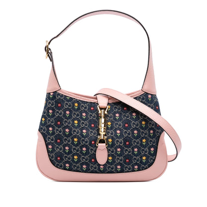 Gucci Limited Edition Small GG Embroidered Denim Floral Jackie 1961 Crossbody