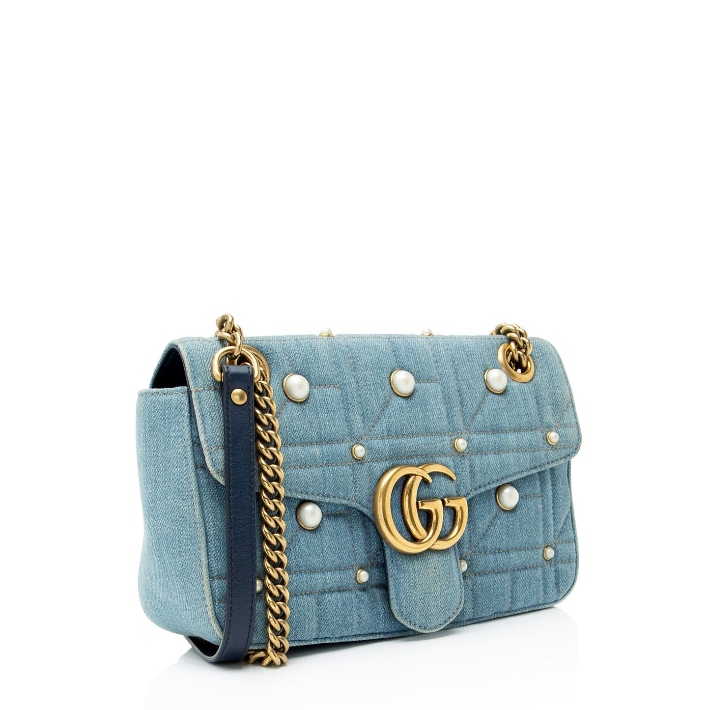 Gucci Matelasse Denim Pearl GG Marmont Medium Flap Bag
