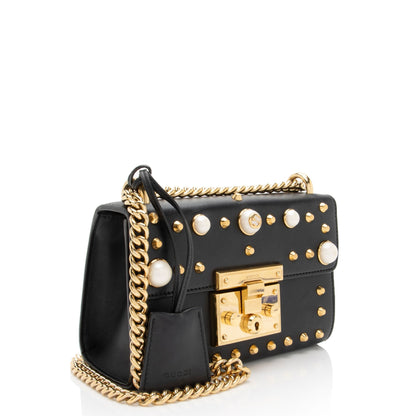 Gucci Pearl Embellished Leather Padlock Small Shoulder Bag