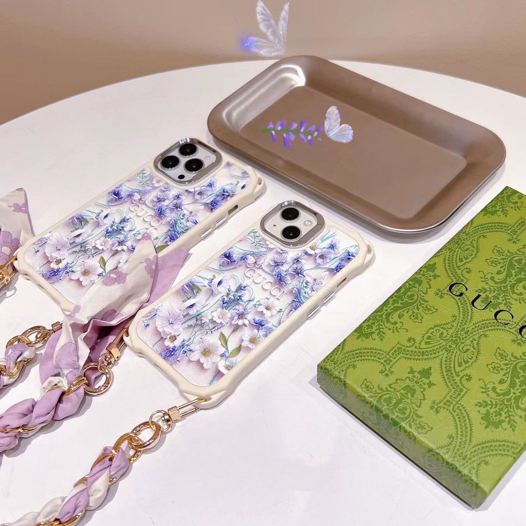 Gucci iPhone Case Flower 3D Cute Pattern Silk Chain for iPhone