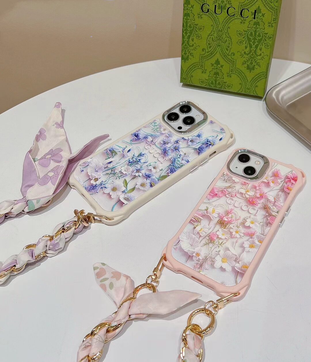 Gucci iPhone Case Flower 3D Cute Pattern Silk Chain for iPhone