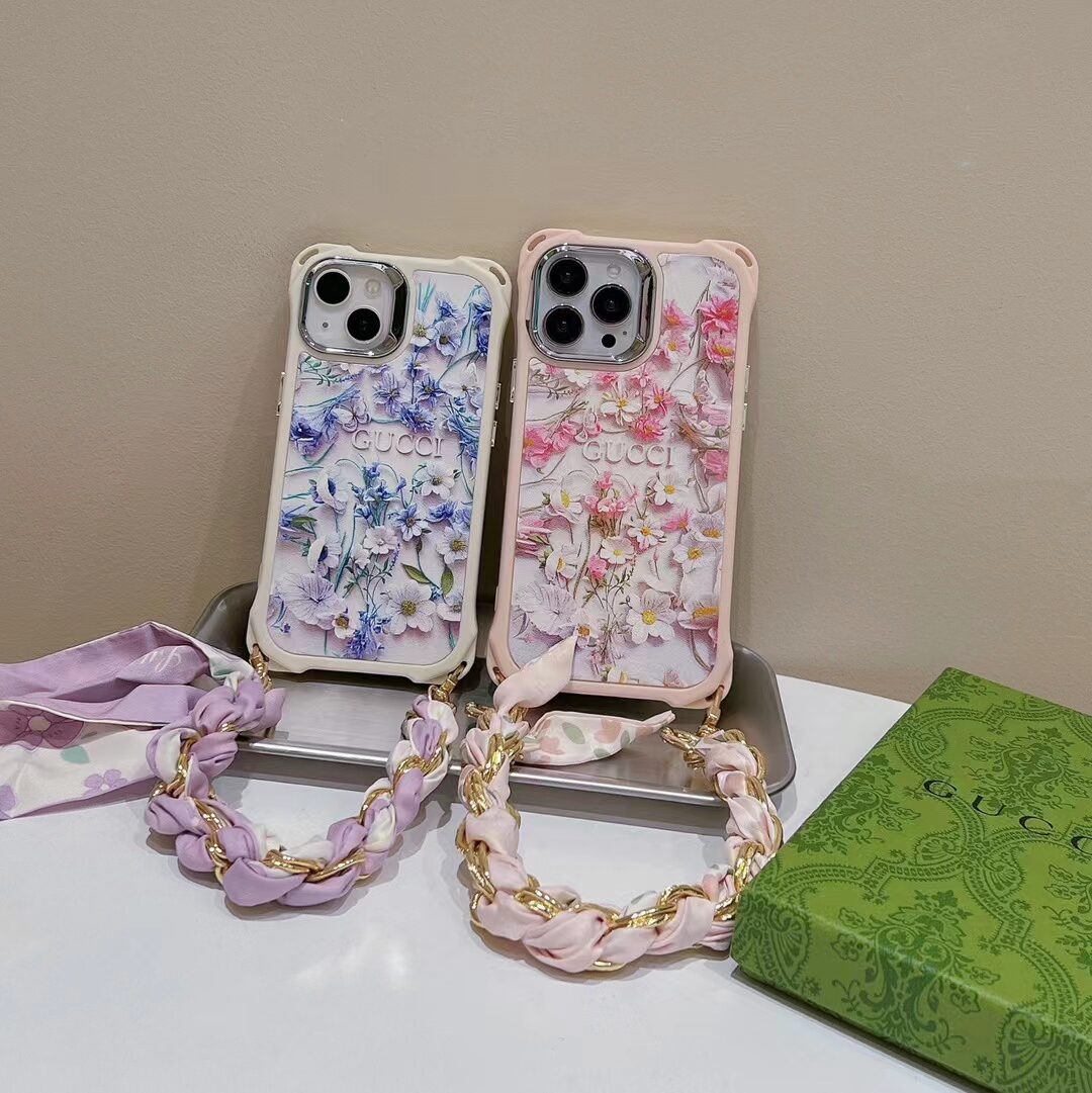 Gucci iPhone Case Flower 3D Cute Pattern Silk Chain for iPhone