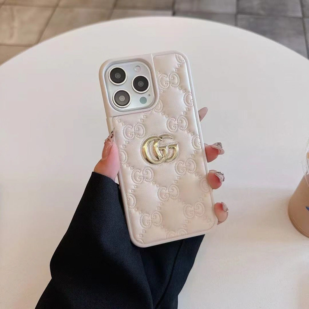 Stamped Gg Leather Iphone Case For 13-17 / Pro / Pro Max / 18 Pro / 18 Pro Max