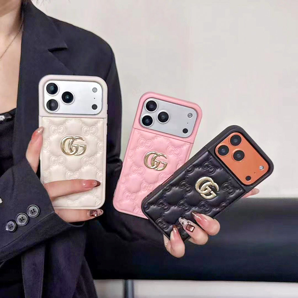 Stamped Gg Leather Iphone Case For 13-17 / Pro / Pro Max / 18 Pro / 18 Pro Max