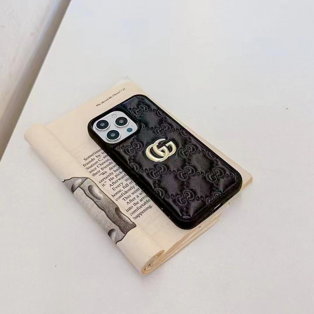 Stamped Gg Leather Iphone Case For 13-17 / Pro / Pro Max / 18 Pro / 18 Pro Max