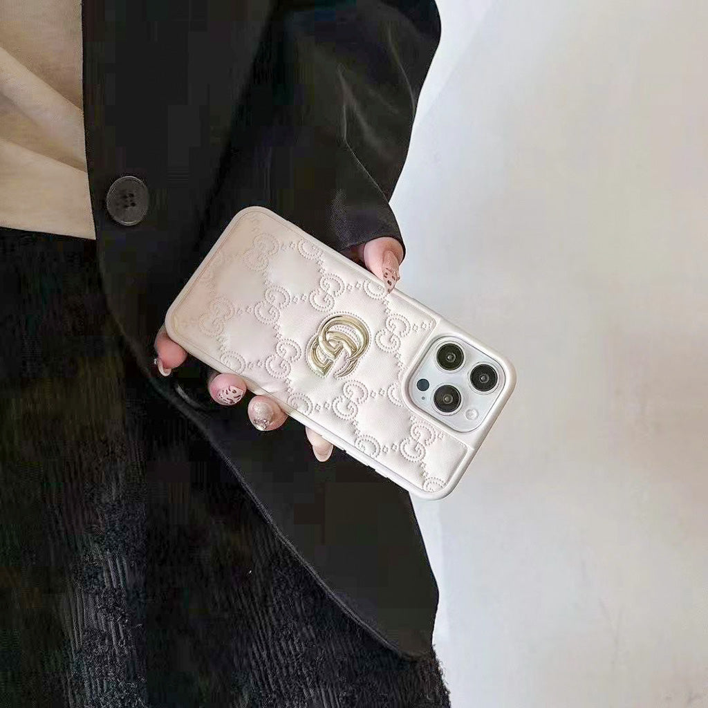 Stamped Gg Leather Iphone Case For 13-17 / Pro / Pro Max / 18 Pro / 18 Pro Max