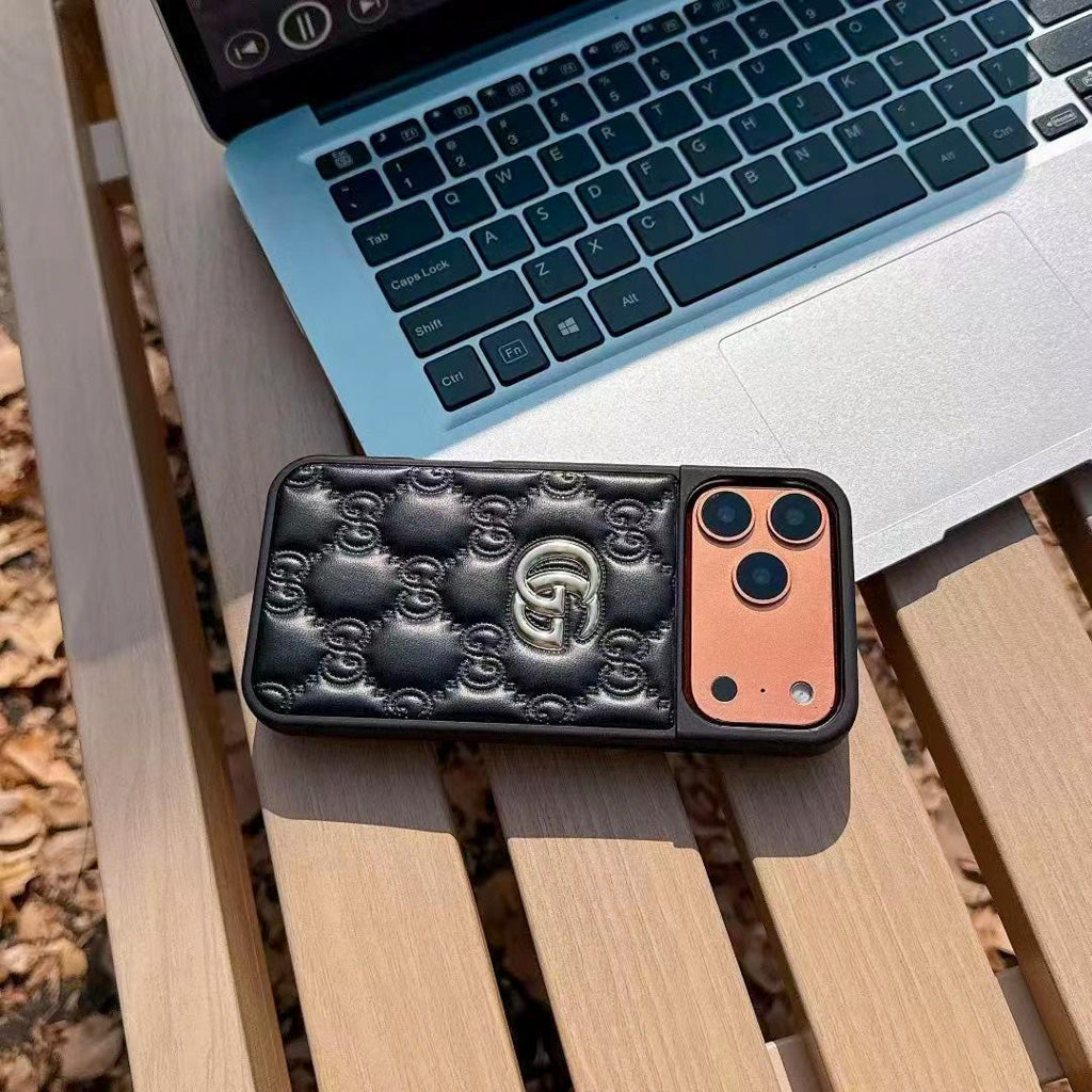 Stamped Gg Leather Iphone Case For 13-17 / Pro / Pro Max / 18 Pro / 18 Pro Max