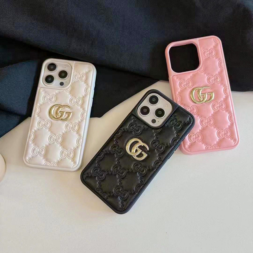Stamped Gg Leather Iphone Case For 13-17 / Pro / Pro Max / 18 Pro / 18 Pro Max