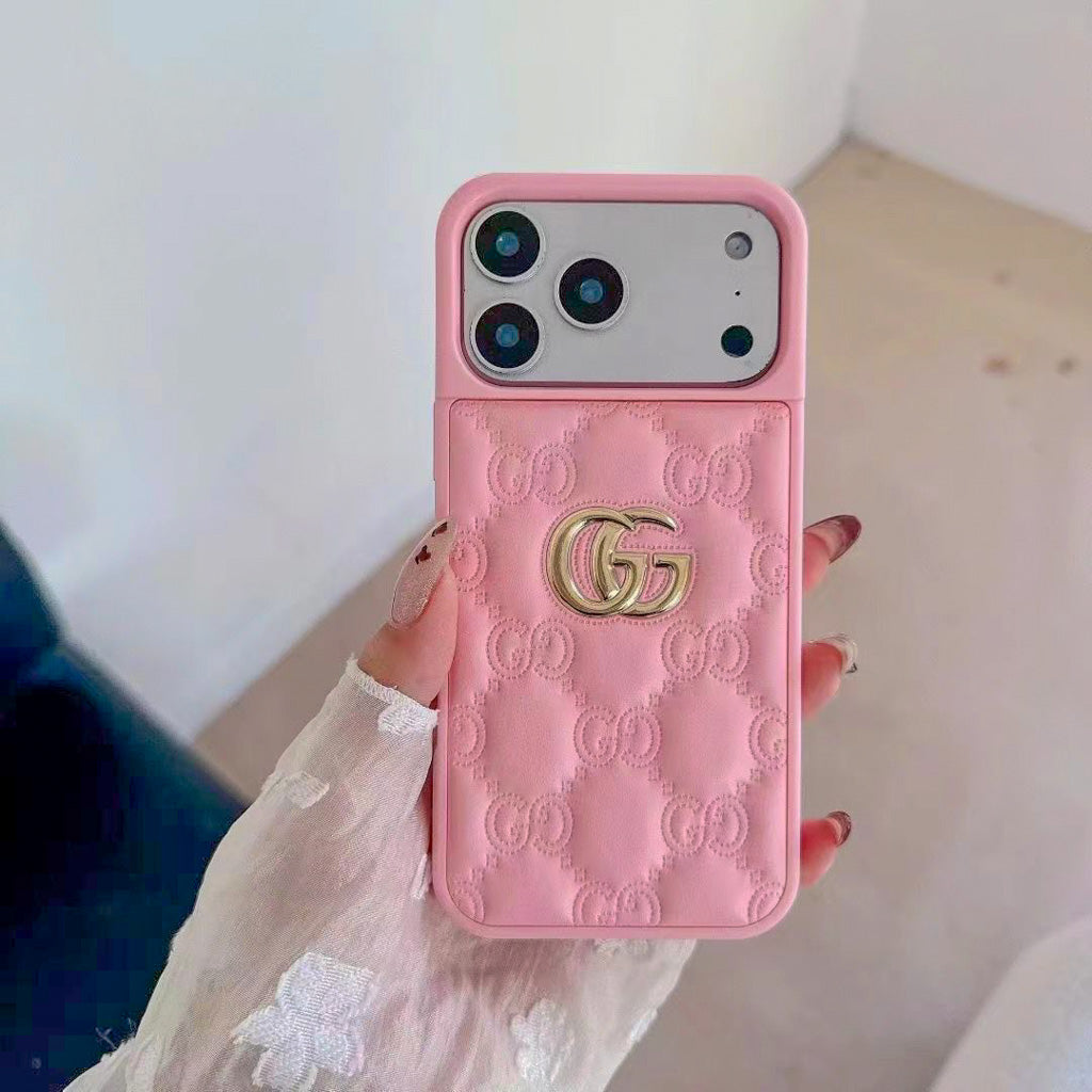 Stamped Gg Leather Iphone Case For 13-17 / Pro / Pro Max / 18 Pro / 18 Pro Max