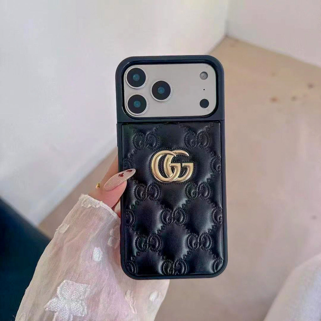 Stamped Gg Leather Iphone Case For 13-17 / Pro / Pro Max / 18 Pro / 18 Pro Max