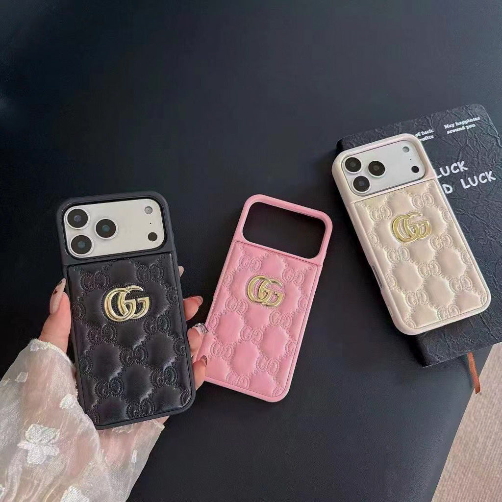 Stamped Gg Leather Iphone Case For 13-17 / Pro / Pro Max / 18 Pro / 18 Pro Max