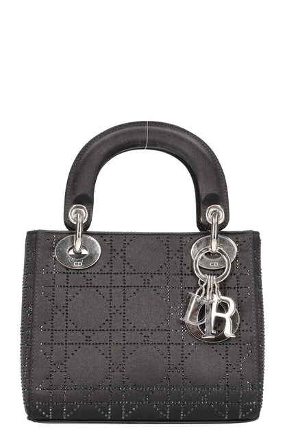 Christian Dior Mini Lady Dior Bag Cannage Strass Satin Black