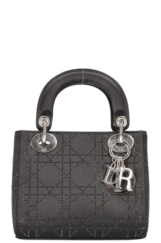 Christian Dior Mini Lady Dior Bag Cannage Strass Satin Black