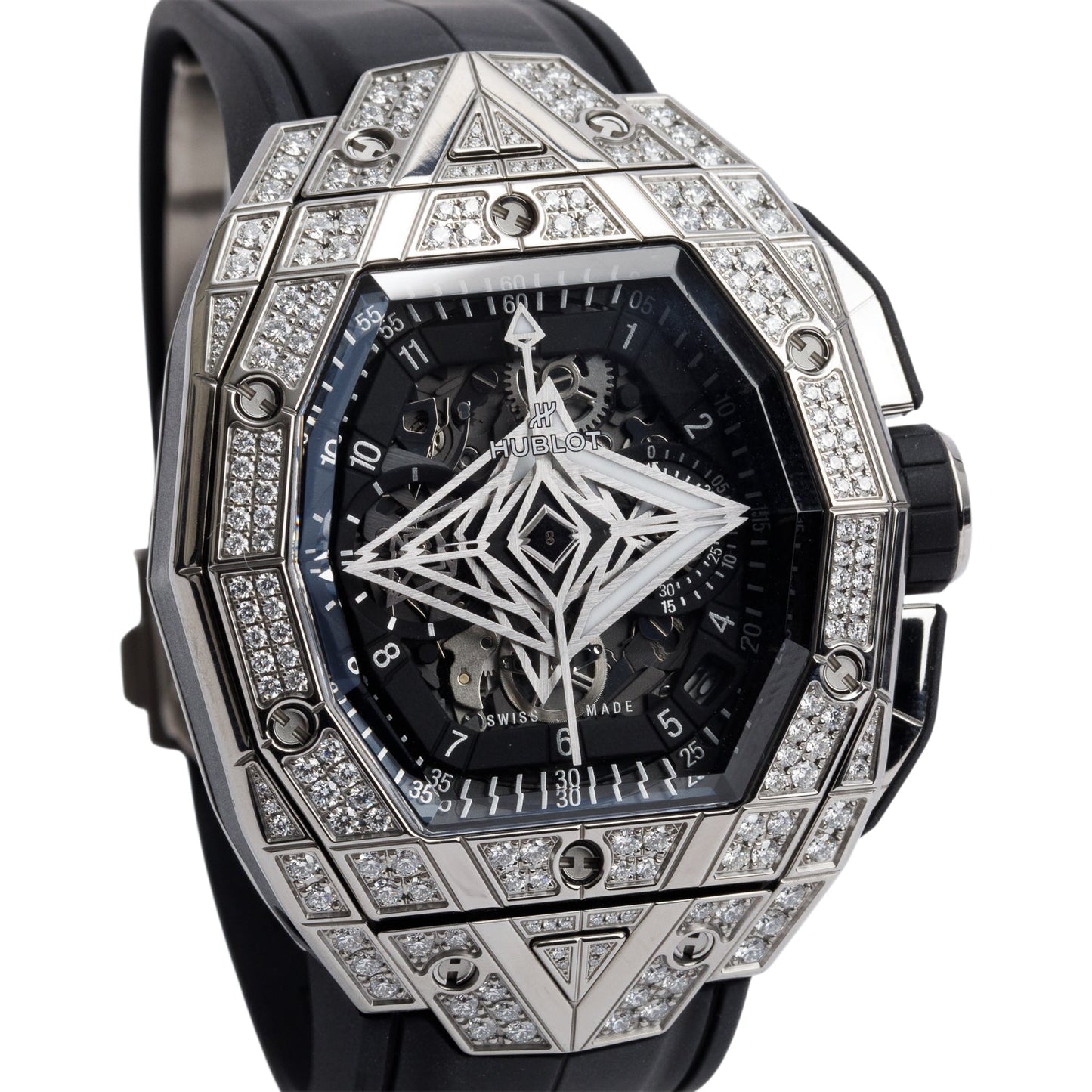 Hublot 2024 Titanium Pave Diamond Spirit Of Big Bang Sang Bleu 42 MM Automatic Chronograph Watch Black Skeleton Dial w/ Box & Papers