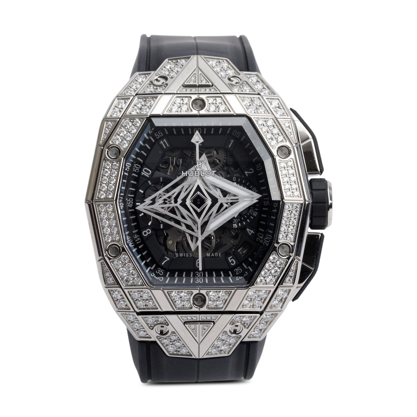 Hublot 2024 Titanium Pave Diamond Spirit Of Big Bang Sang Bleu 42 MM Automatic Chronograph Watch Black Skeleton Dial w/ Box & Papers