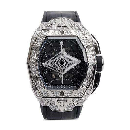 Hublot 2024 Titanium Pave Diamond Spirit Of Big Bang Sang Bleu 42 MM Automatic Chronograph Watch Black Skeleton Dial w/ Box & Papers