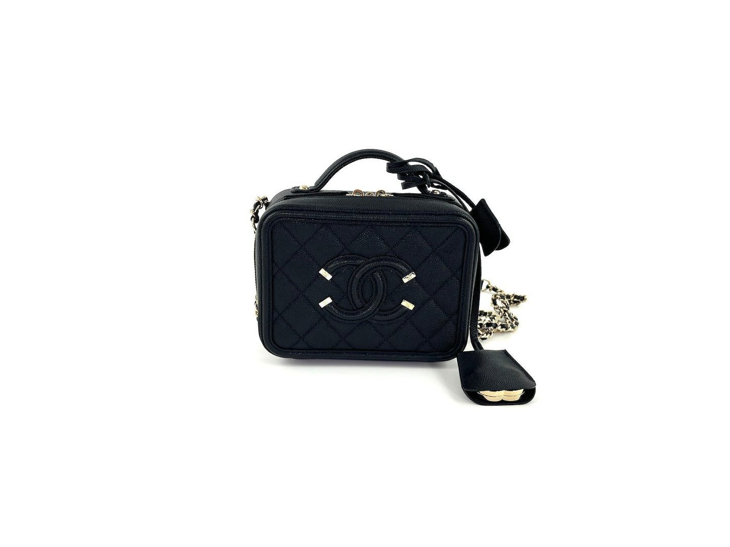 CHANEL Filigree Small Black Caviar Cosmetic Crossbody Vanity Case Bag