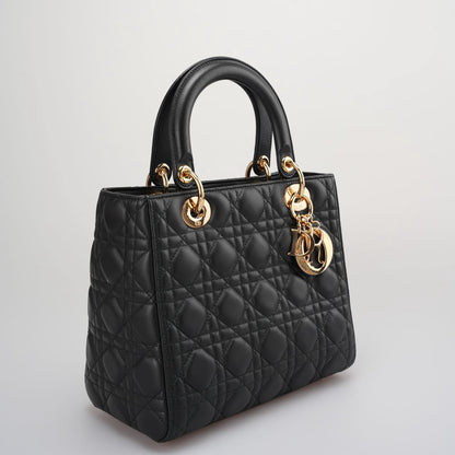 Dior Black Lady Dior Bag In Medium Size Cannage Lambskin Leather With Goid Hardware From 2016