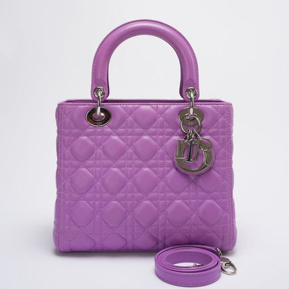 Dior Purple Lilac Lady Dior Medium Bag In Cannage Lambskin Leather With Silver Hardware